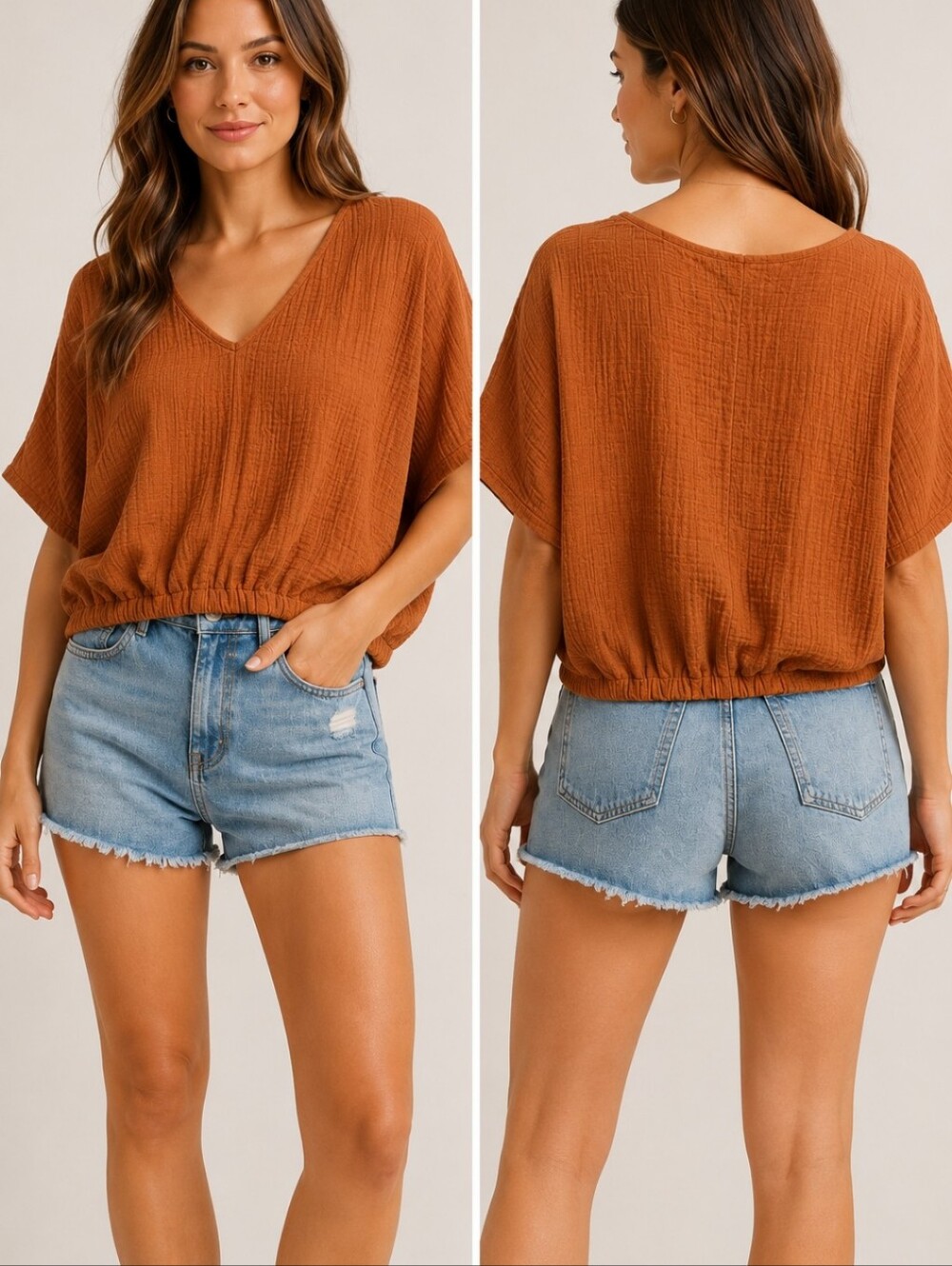 SUUNDAY Rust Cotton Gauze Dolman V Neck Oversized Top Medium
